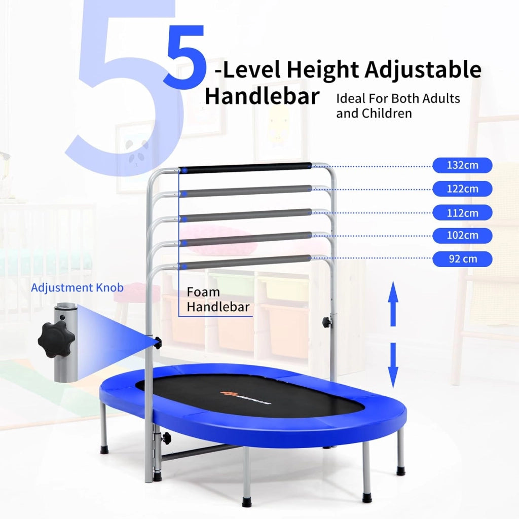 Trampolino doppio per bambini, 154 x 90 cm (L x L), Trampolino per fitness pieghevole, maniglia regolabile, rimbalzo ovale per bambini e adulti, portata massima di 150 kg