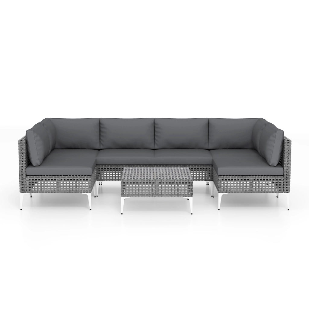 Sedie in rattan per patio con tavolino da gaff¨¨ in vetro temperato per giardino-Set di mobili da esterno 7 pezzi con cuscini Grigio