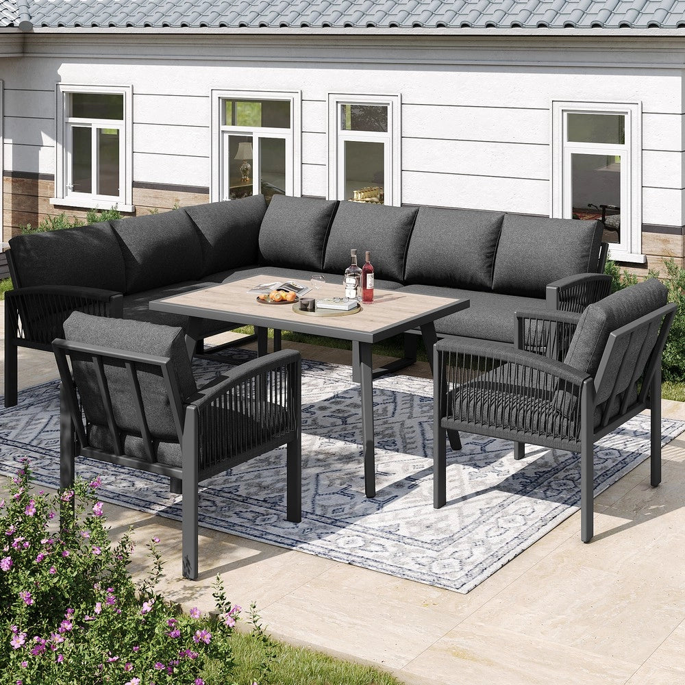 Set Lounge da Giardino 8 Posti con Tavolo ¨C Xylo ¨C Grigio, Corda, Piano Effetto Legno