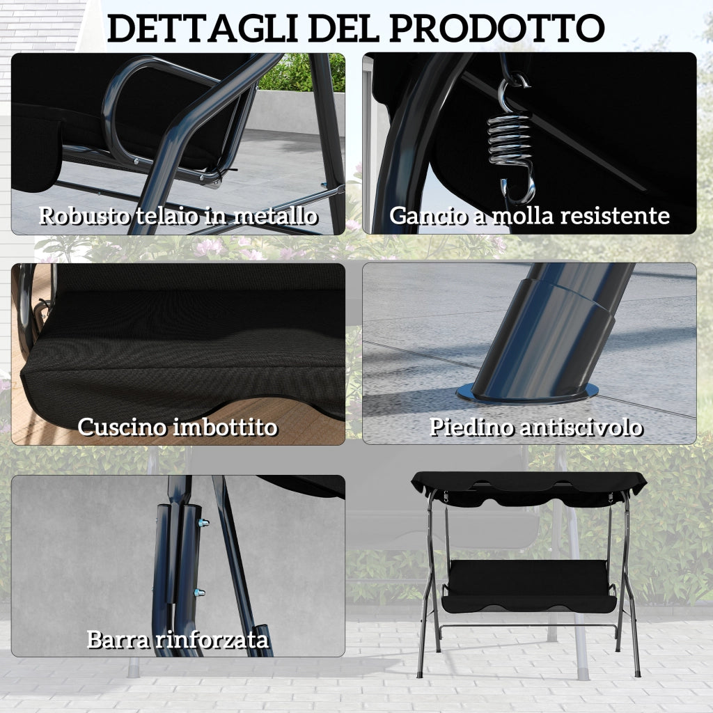 Dondolo 3 Posti 170x110x153 cm con Tettuccio Regolabile e Cuscini in Acciaio e Poliestere Nero