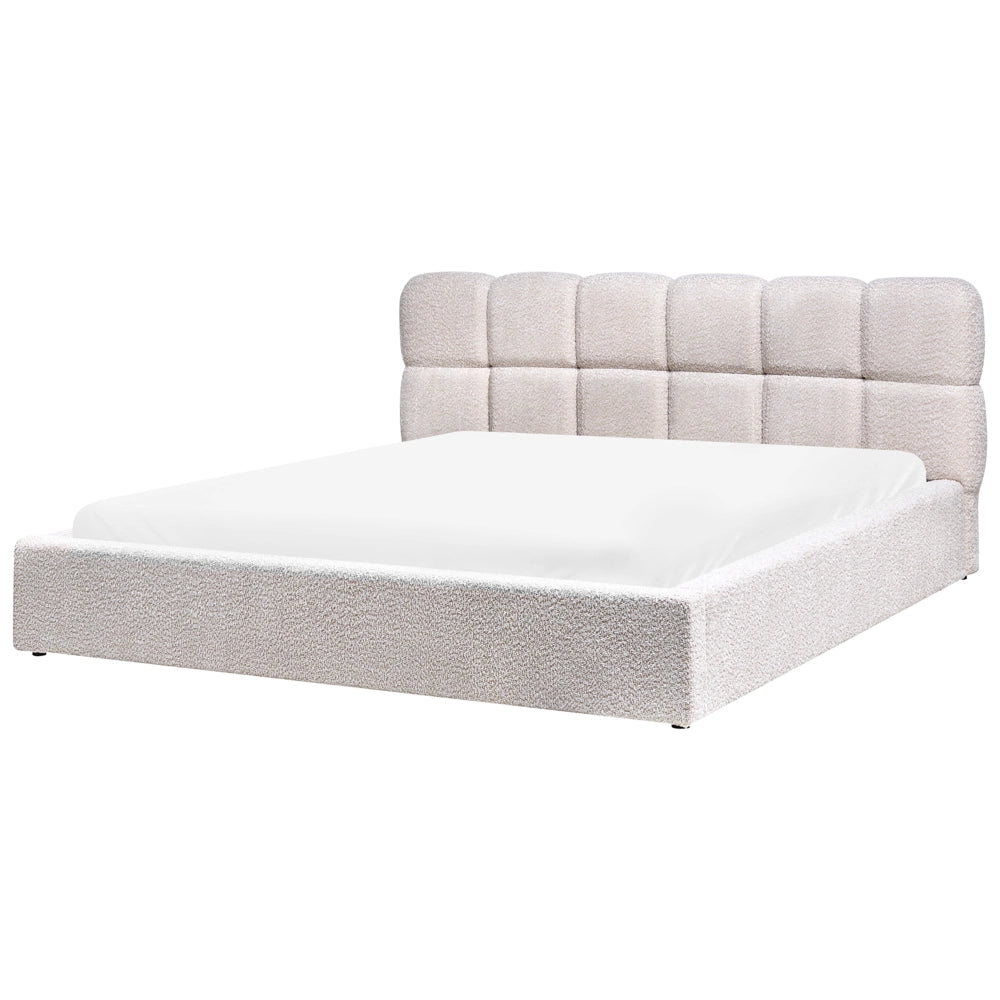 Letto King Size EU in tessuto bouclé beige chiaro 180 x 200 cm Struttura imbottita con testiera effetto biscotto e vano contenitore