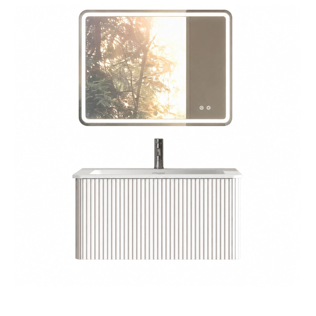 Mobile bagno sospeso con lavabo integrato; 1 cassetto e specchio con luce LED e antiappannamento in MDF bianco