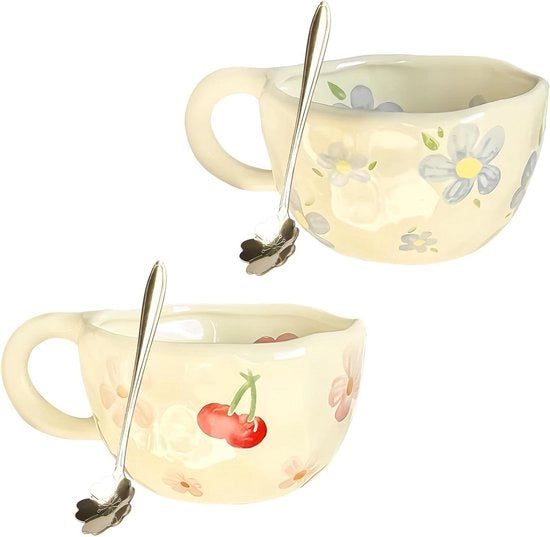 Set di Tazze Caffè a Mano Fatto a Maglia in Ceramica con Fiore 300 ml Cappuccino Tazze Kawaii per Donna, Ragazza, Mama, Amica Blu Rosa