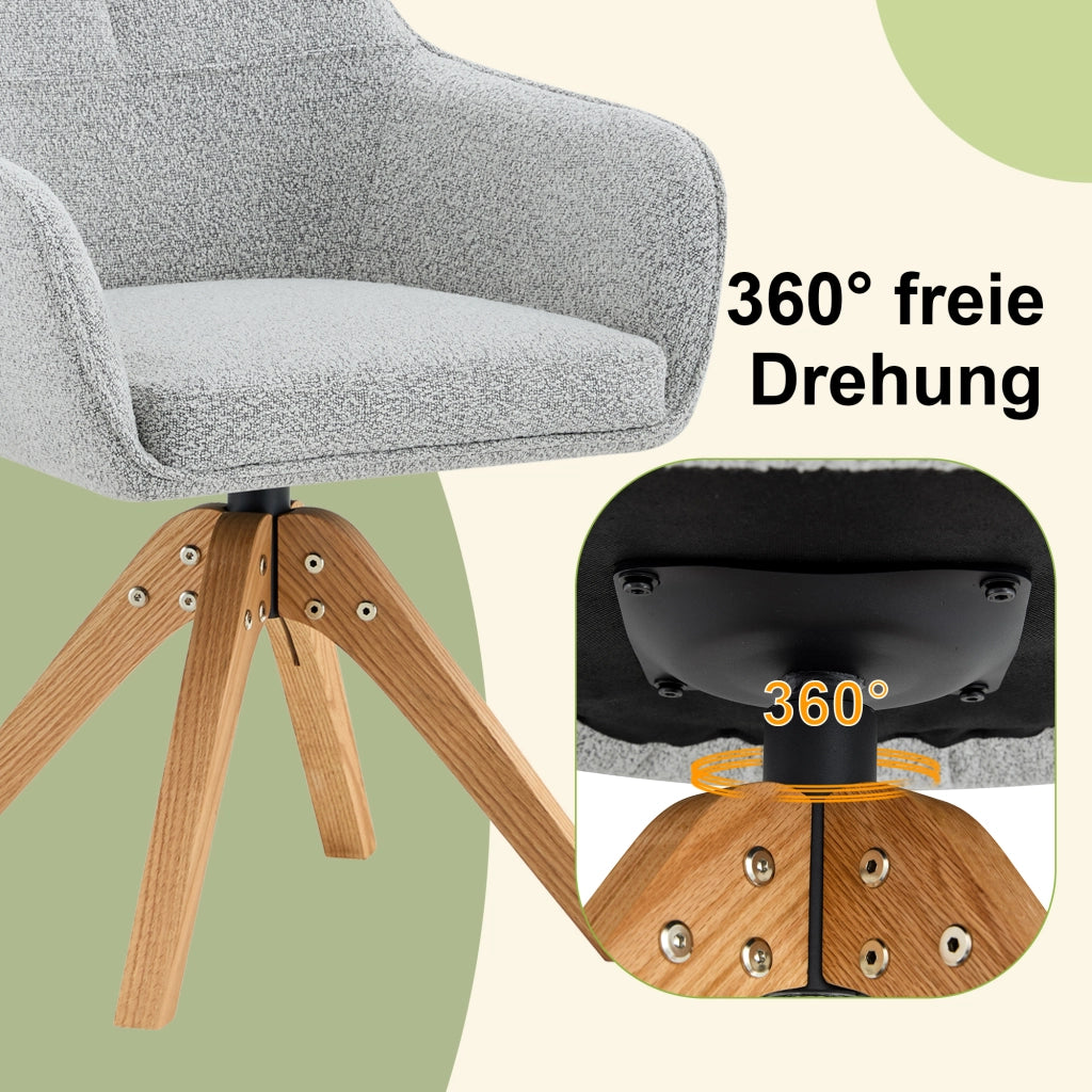 Sedia da pranzo girevole a 360° con braccioli e schienale ergonomico, in tessuto grigio e legno massello, set da 2