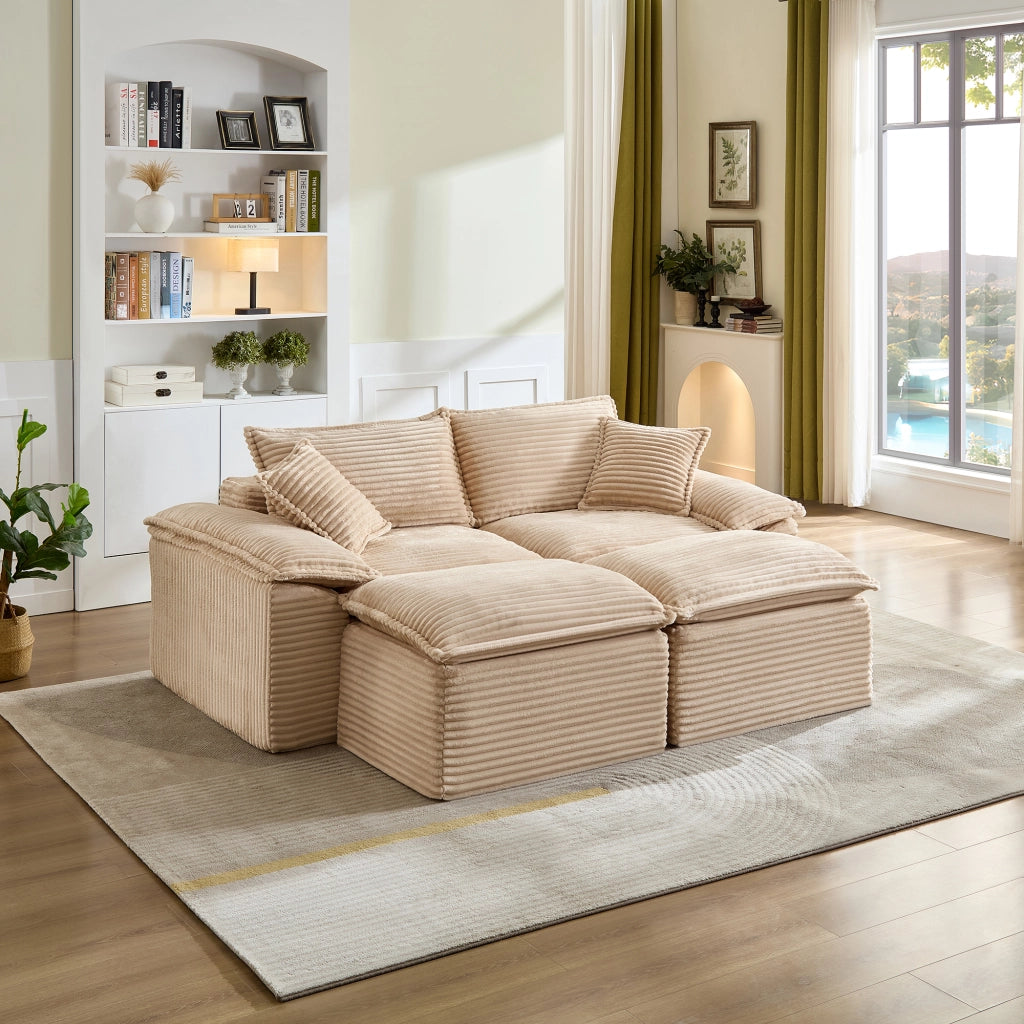 Divano a 2 posti in tessuto a coste con pouf, schiuma ad alta resilienza e molle, beige 206 × 158 × 66 cm