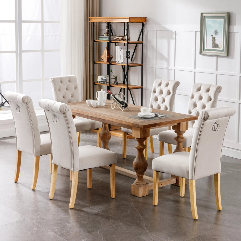 Set di 6 sedie da pranzo in velluto con gambe in legno di quercia; beige