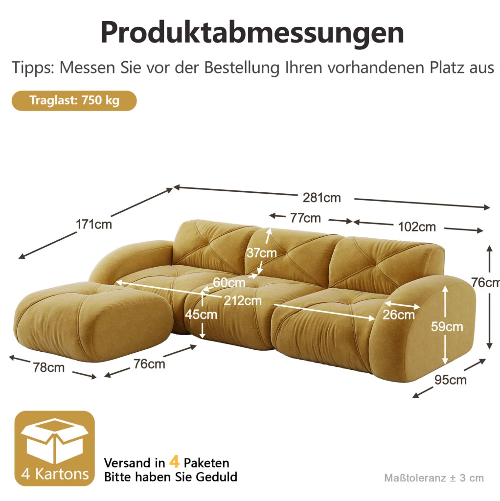 Divano modulare in chenille gialla; 281x171x76 cm; schiuma 32D; portata 200 kg per seduta
