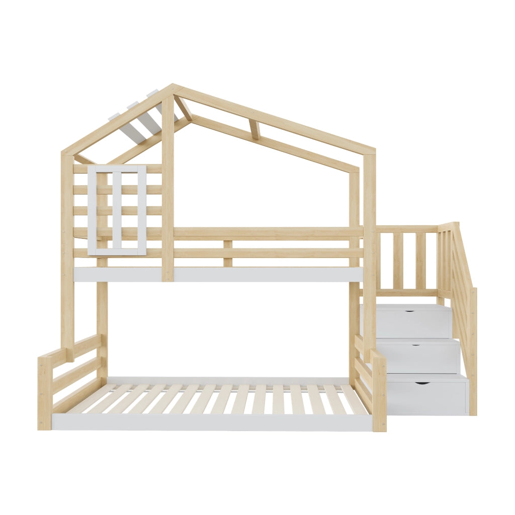 LETTO A CASTELLO 90x200 cm in pino e MDF naturale con scala contenitore