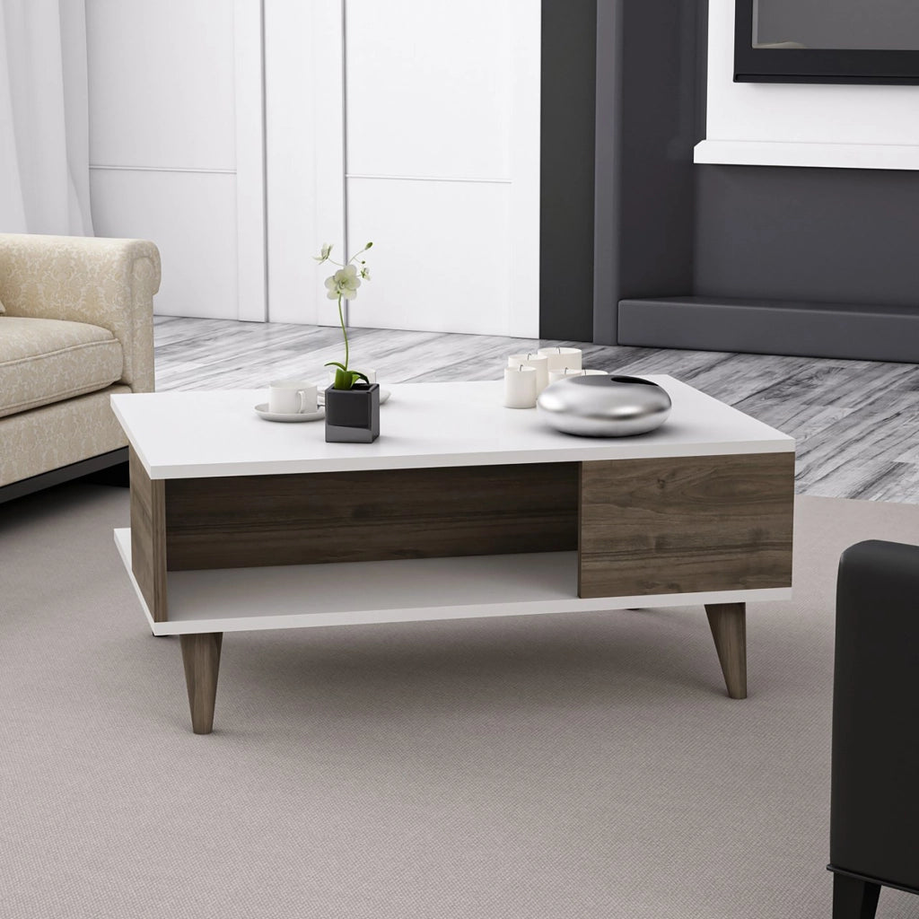 Tavolino Basso 'Grenaa' con 3 Scomparti Semiaperti - Bianco / Effetto Noce [en.casa]
