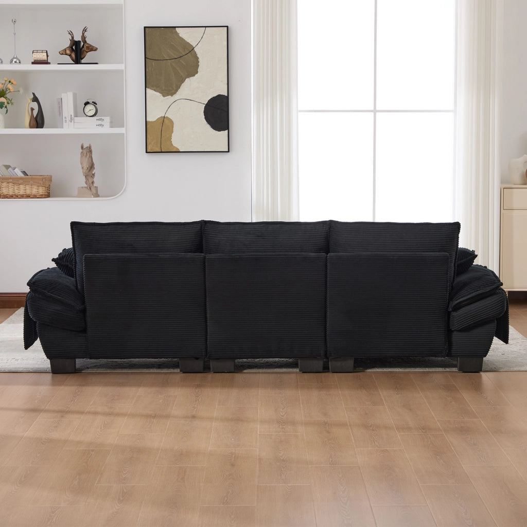 Divano modulare 3 posti in velluto a coste nero con pouf; porta USB-C e tasche laterali; 260x132x84 cm