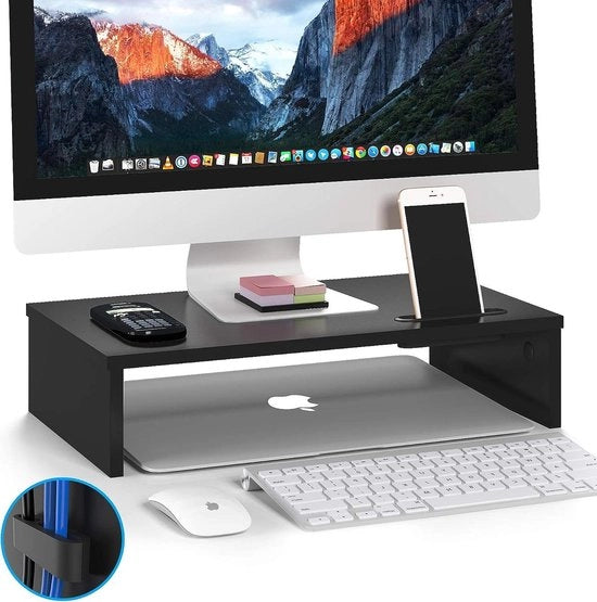 Stand per computer con elevatore per monitor, smartphone e gestione cavi - Stand per computer ergonomico per laptop, stampante e iMac (Nero)