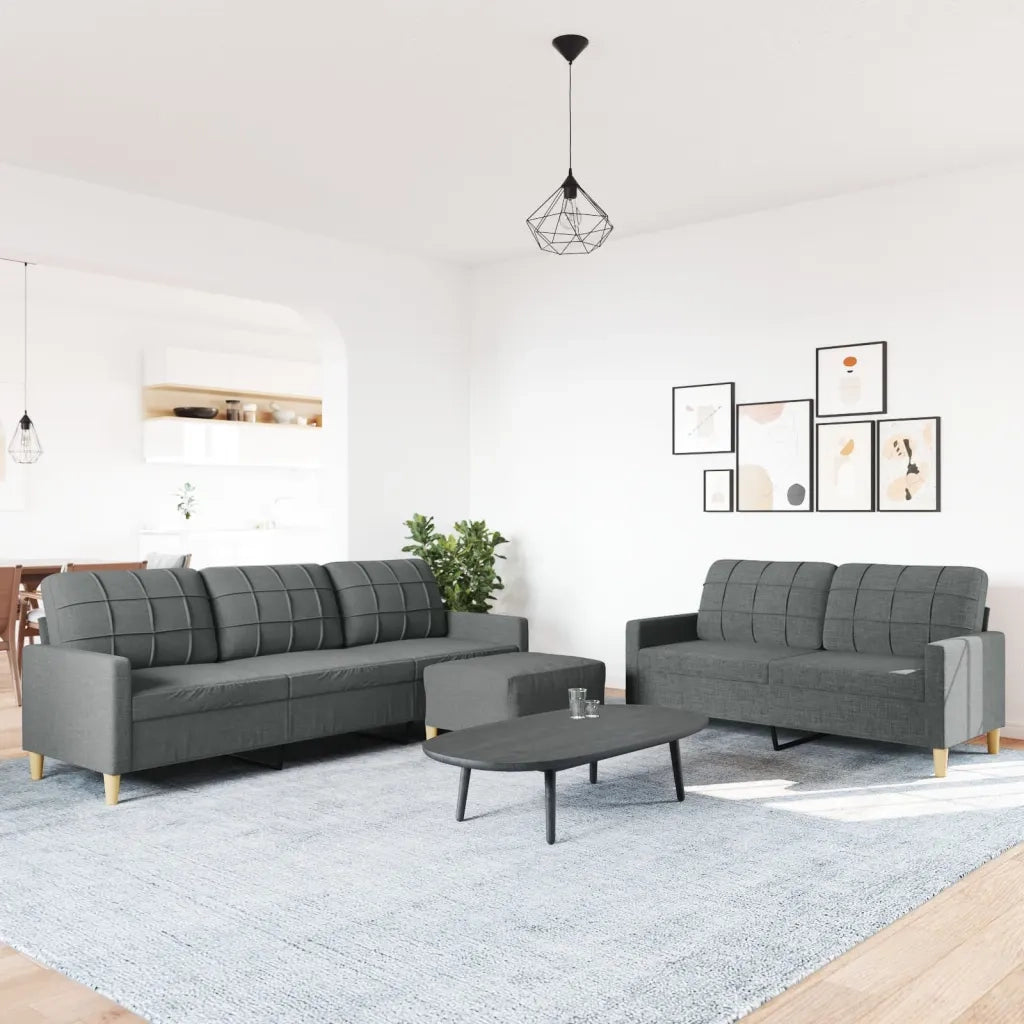 Set di Divani 3 pz con Poggiapiedi Grigio Scuro in Tessuto