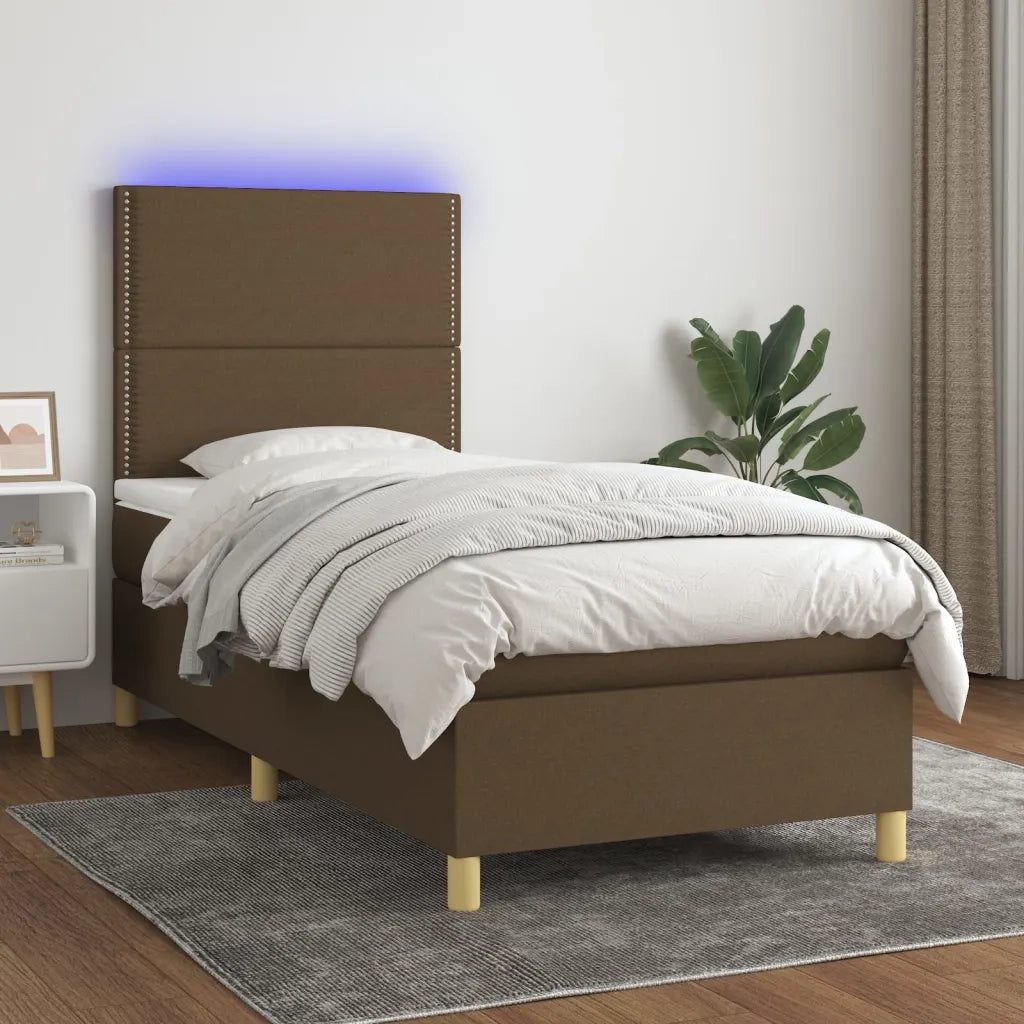Letto a Molle Materasso e LED Marrone Scuro 100x200 cm Tessuto 3135336