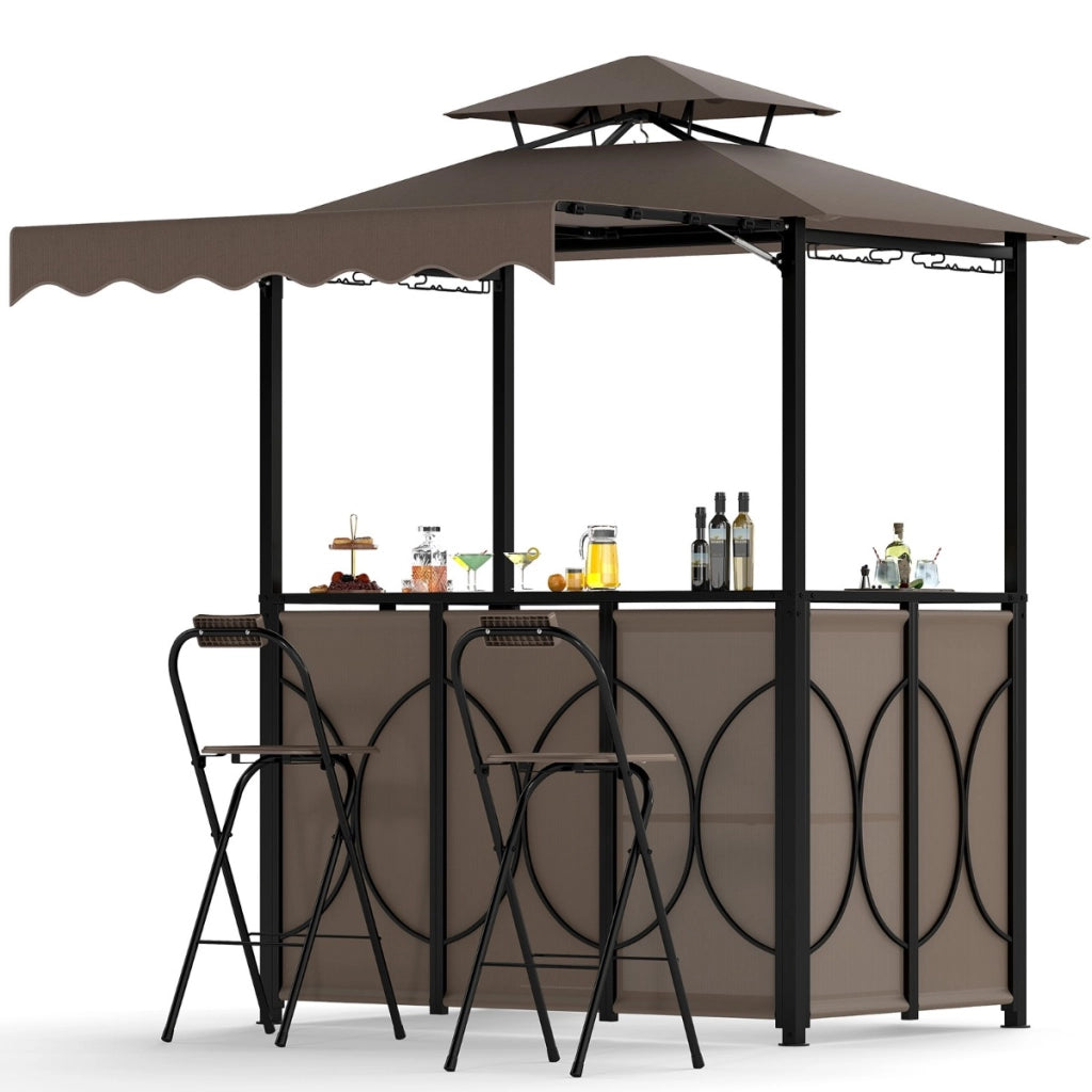 Set da giardino BBQ all'aperto 3 pezzi con tavolo bar e 2 sgabelli bar pieghevoli, Gazebo per grill con tettoia piscina Marrone-Accessori per barbecue