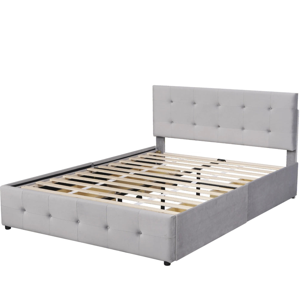 Letto matrimoniale imbottito con 4 cassetti e rete a doghe; in tessuto grigio