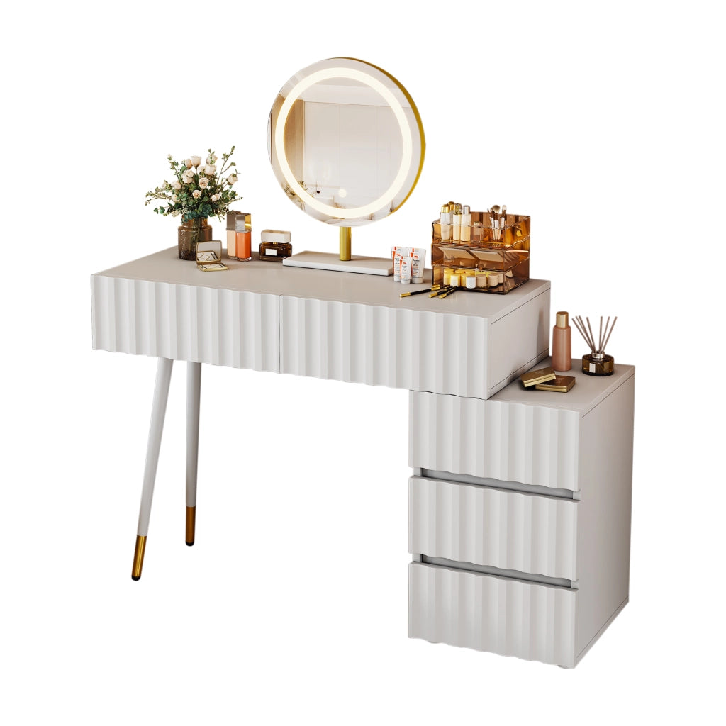 Tavolo da trucco bianco con specchio LED, 5 cassetti e mobile laterale, 100x40x127 cm