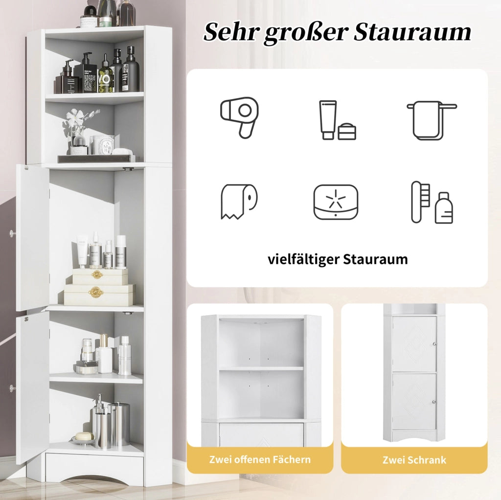 Mobile angolare bagno con ripiani e anta in truciolare bianco 36,5x36,5x155 cm