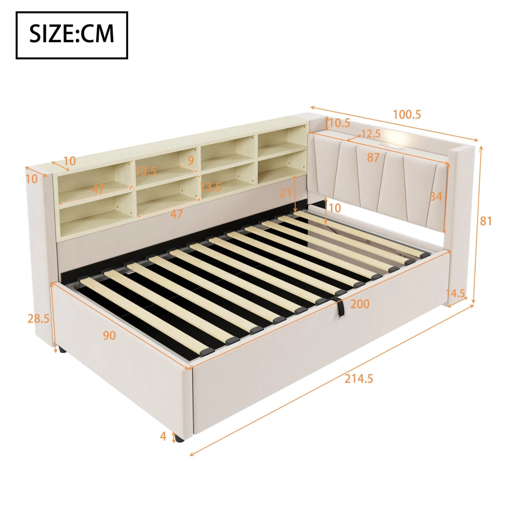 Letto imbottito 90x200 cm con contenitore idraulico e USB-C in velluto beige