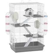Gabbia per Criceti a 4 Livelli 47x30x70 cm e 16 Tubi con Casetta Rampa e Accessori in Metallo e Plastica Grigio