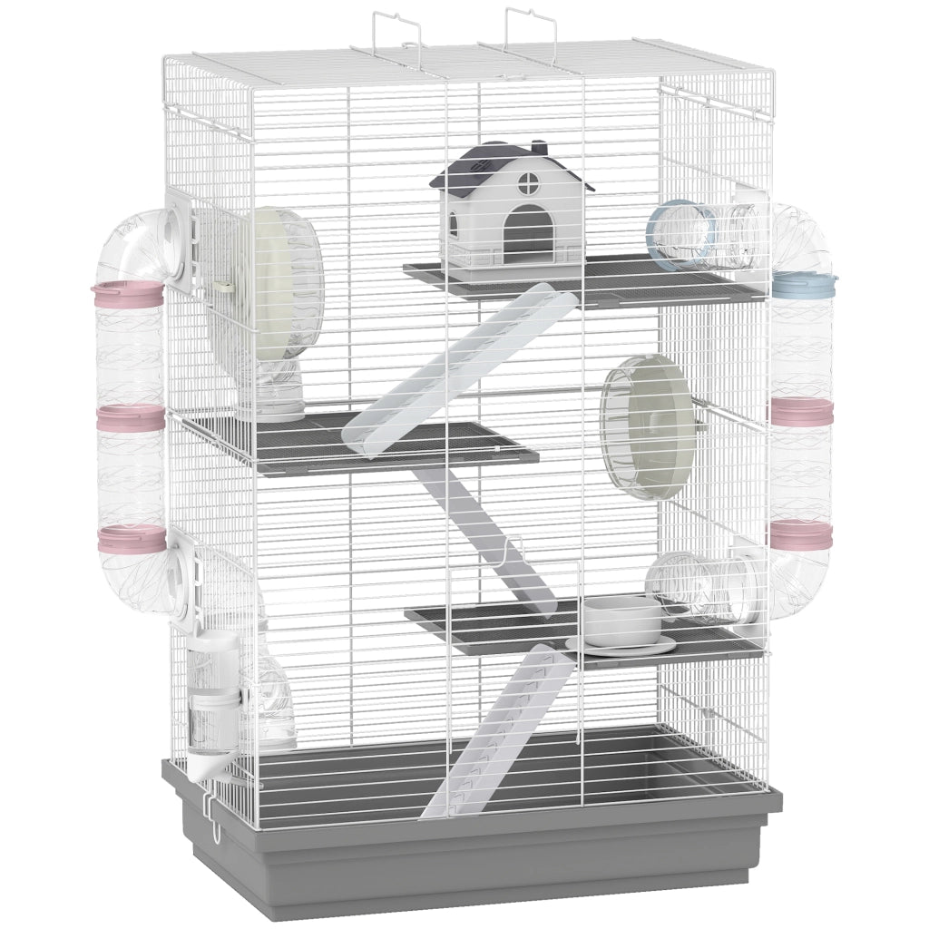 Gabbia per Criceti a 4 Livelli 47x30x70 cm e 16 Tubi con Casetta Rampa e Accessori in Metallo e Plastica Grigio