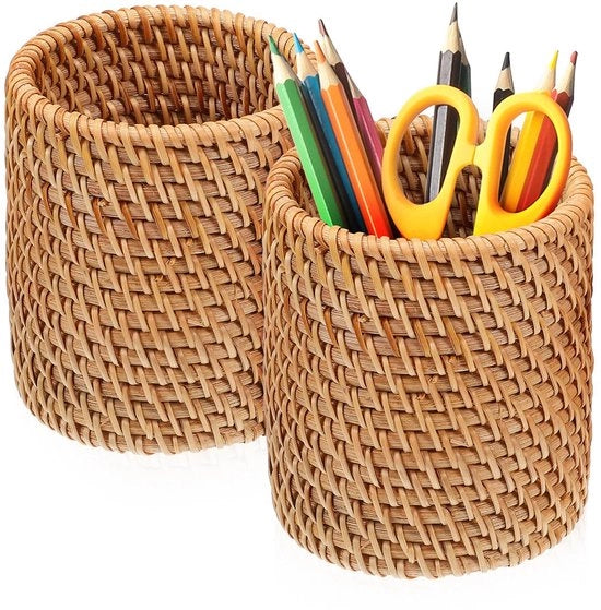 Pensolet a Rattan per il Tavolo di Scrivania Organizzatore di Scrivania Ronde con 2 Pen Holder Pen Case con Cestino in Rattan