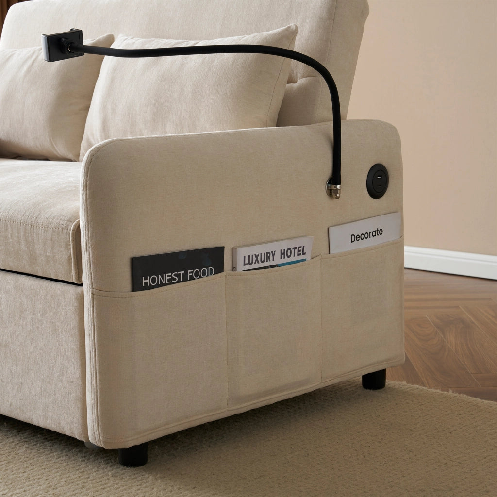 Divano Letto 2 Posti con Schienale Regolabile; USB; Supporto per Telefono e Tasche Laterali Beige