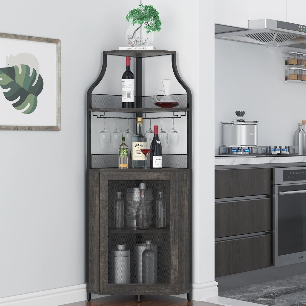 Mobile Bar Angolare Portabottiglie Marrone Bruciato in Metallo e MDF, 154cm