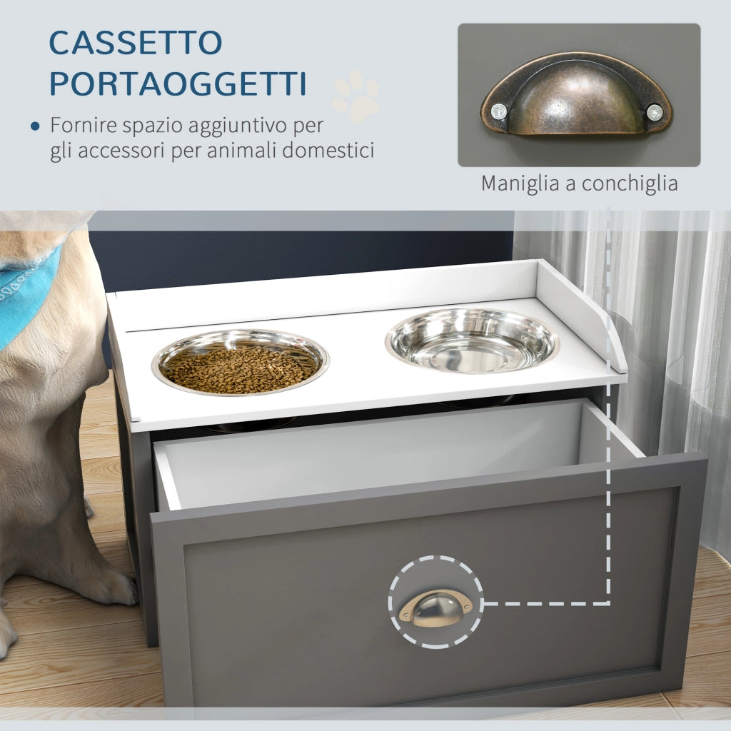 Ciotola per Cani con Cassetto ¨C Minimal ¨C Acciaio Inox e Legno Grigio 60x30x36cm