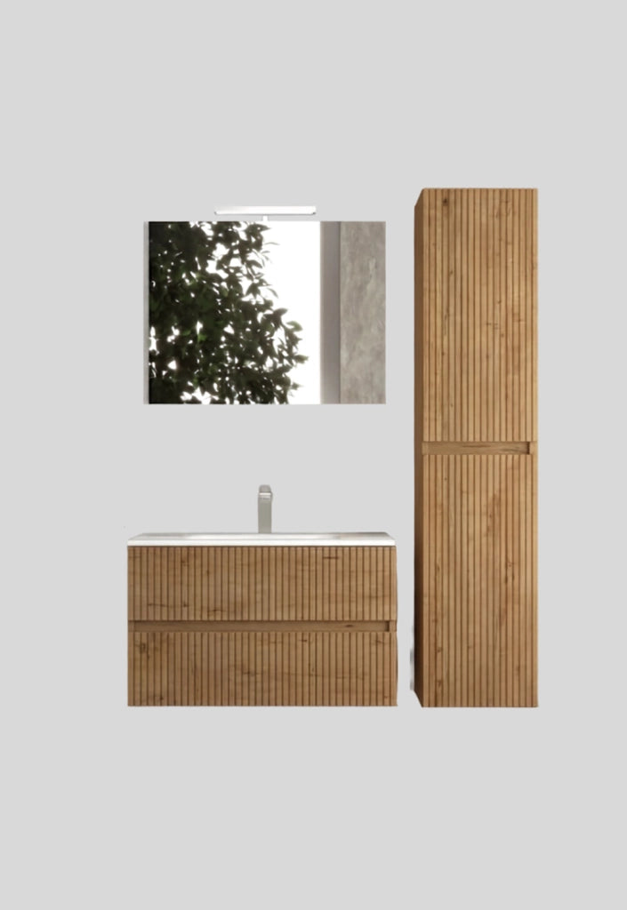 Mobile da Bagno Sospeso con Lavabo 100 cm e Specchio Urano Light Rovere Miele