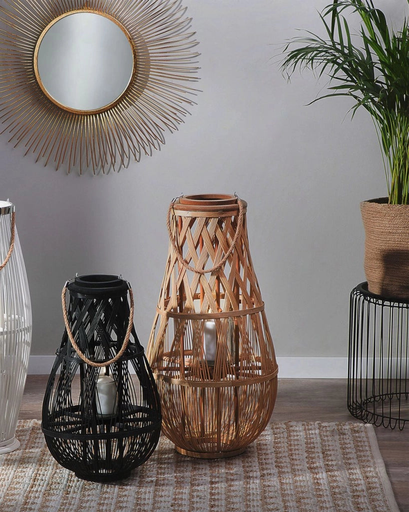 Lanterna leggera in legno di bambù e vetro 77 cm Portacandele intrecciato per interni ed esterni Boho scandinavo