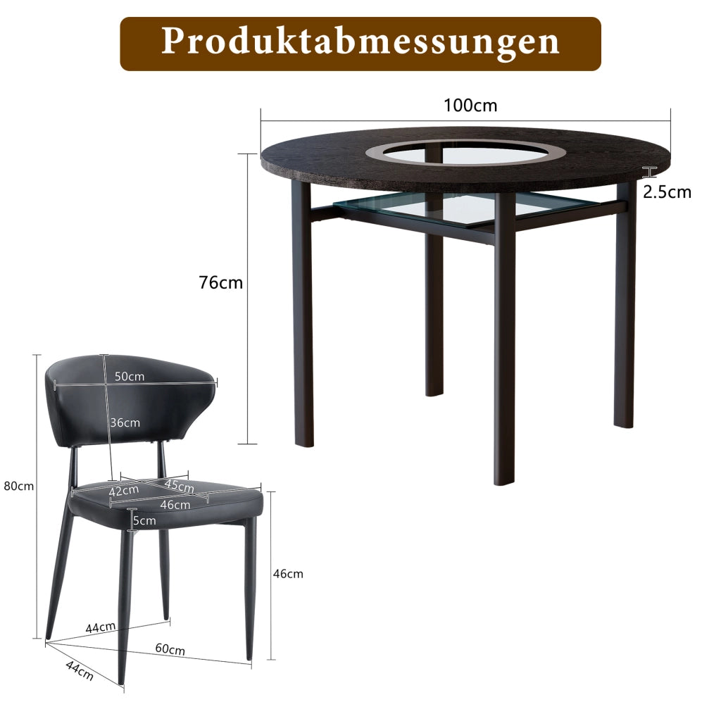 Tavolo da pranzo rotondo con 4 sedie in MDF vetro e PU per soggiorno e cucina nero diametro 100 cm