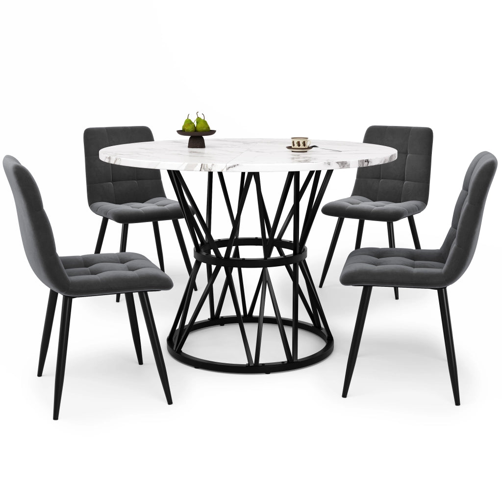 Tavolo da pranzo rotondo con 4 sedie, piano effetto marmo, gambe in metallo, per cucina e sala da pranzo, 100 cm