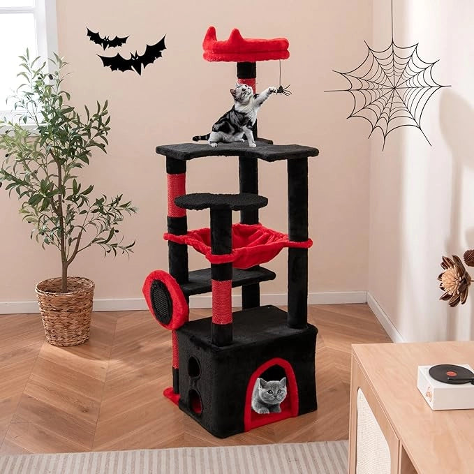 Tiragraffi per Gatto Alto 133 cm Stile Gotico Vampiro, Albero Tiragraffi Gatti con Pali a Corda in Juta, Amaca e Grotta, Cuccia Albero Gatto Rivestito con Giocattolo Ragno, Rosso e Nero
