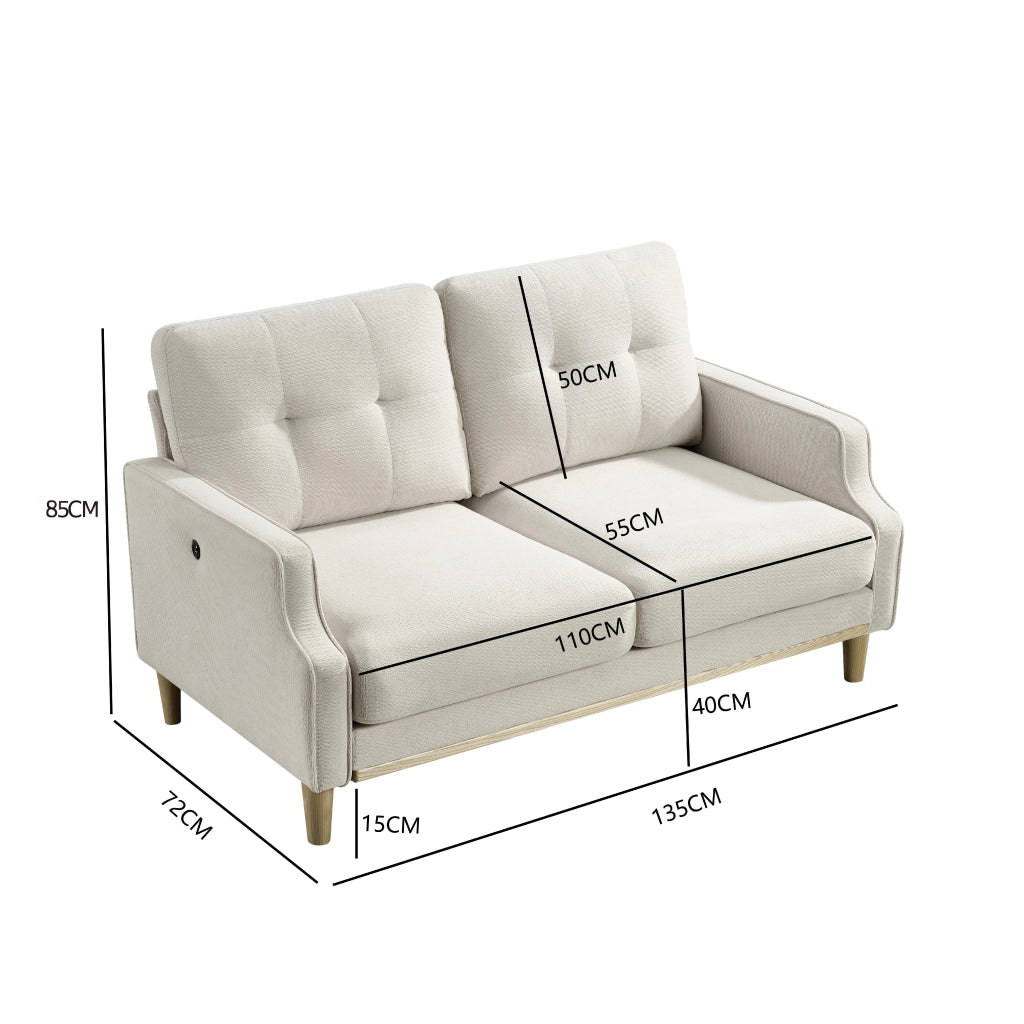 Divano 2 Posti con Porta USB e Braccioli dal Design, in Legno e Tessuto Beige 135 × 72 × 85 cm