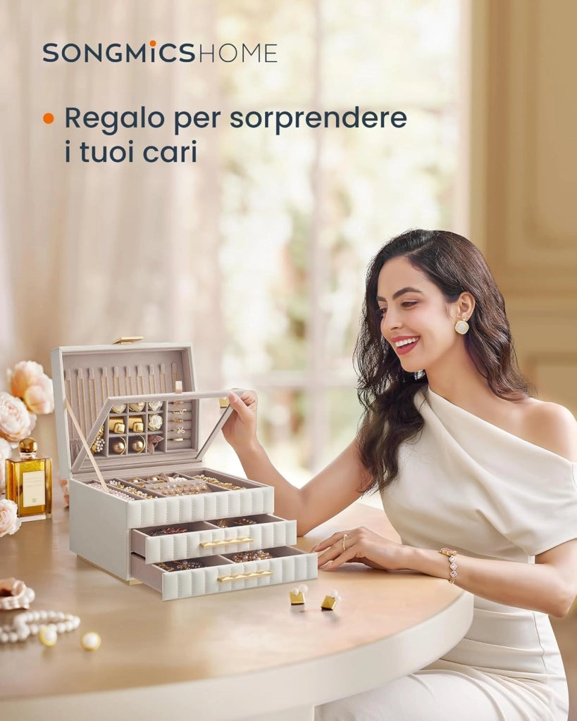 ANAH Collezione - Scatola Portagioie 3 Ripiani con Specchio, Porta Gioielli, 2 Cassetti, PU con Cucitura, Effetto Fluttuante, 21,5 x 24 x 15,8 cm, Idea Regalo, Bianco Nuvola JBC183W01