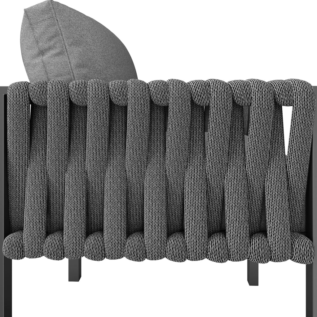 Set mobili da giardino angolare in metallo grigio con tavolino in vetro temperato e cuscini