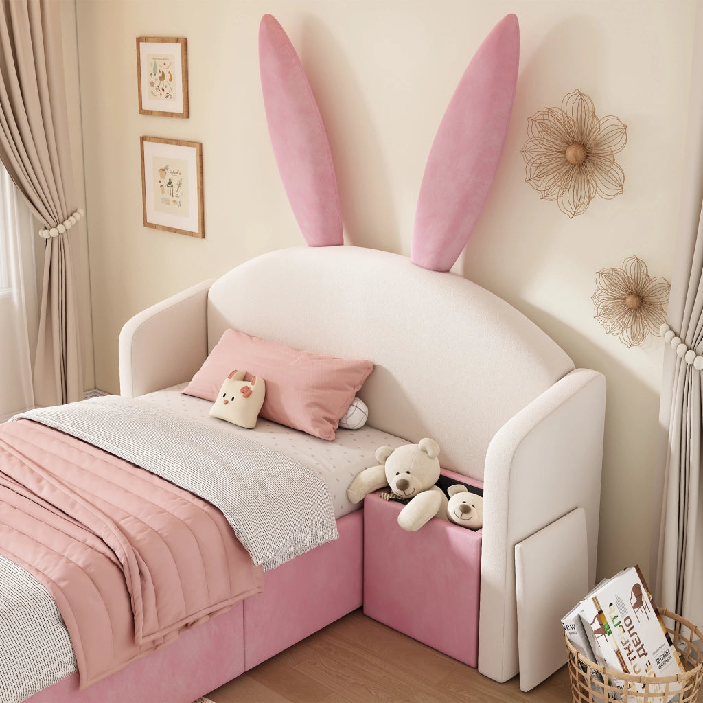 Letto per bambini 90 × 190 cm con testiera a orecchie di coniglio, comodino contenitore, senza materasso, beige e rosa
