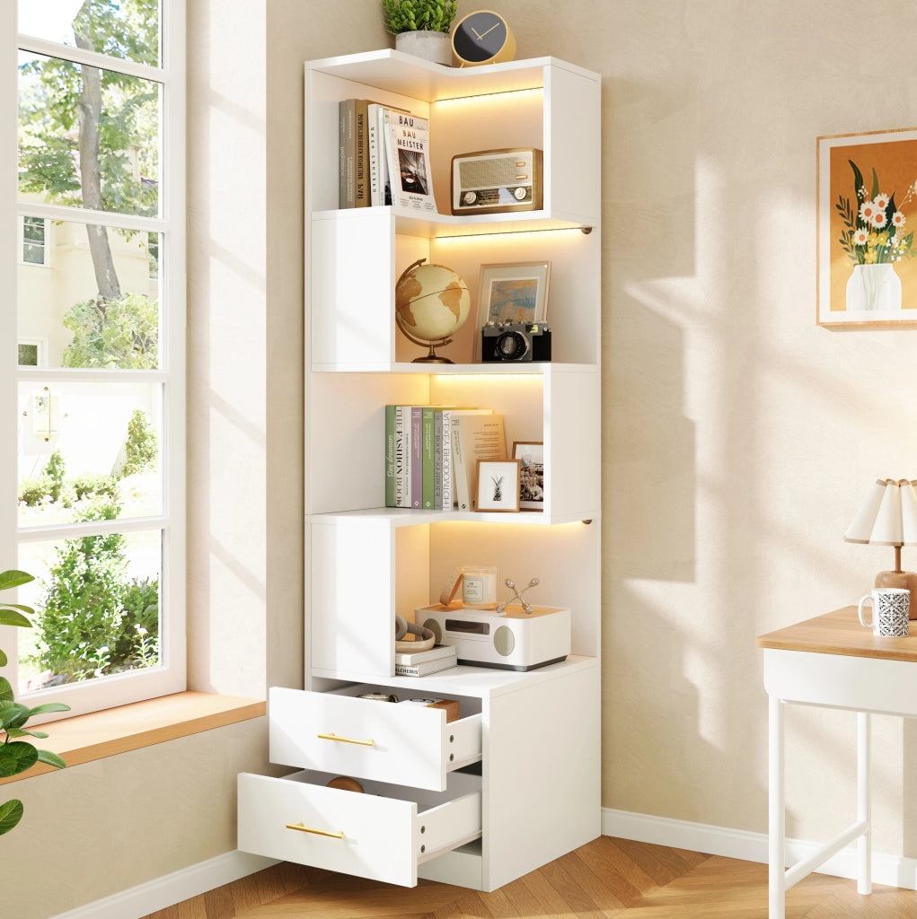 Scaffale angolare freestanding 165 cm con LED; 4 ripiani e 2 cassetti; bianco