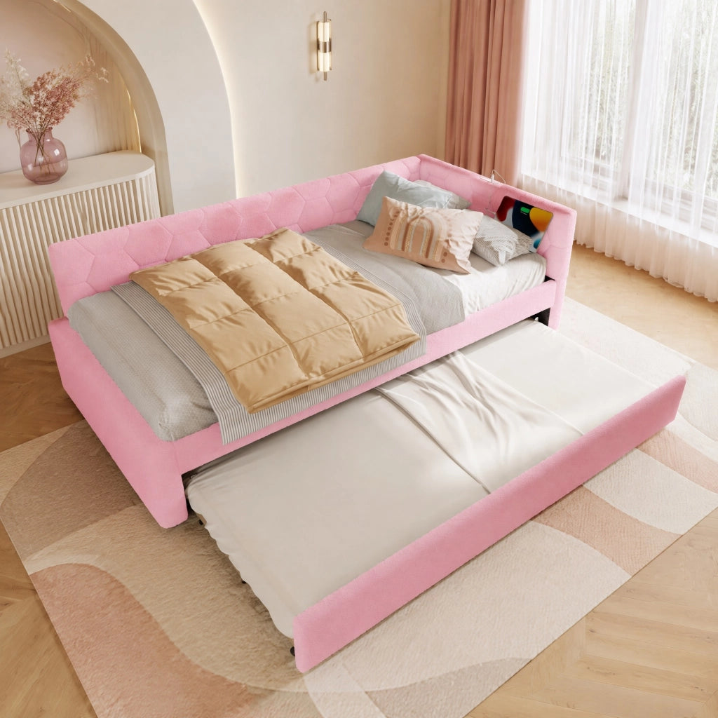 Letto singolo 90x200 cm con letto estraibile, USB e luce rosa