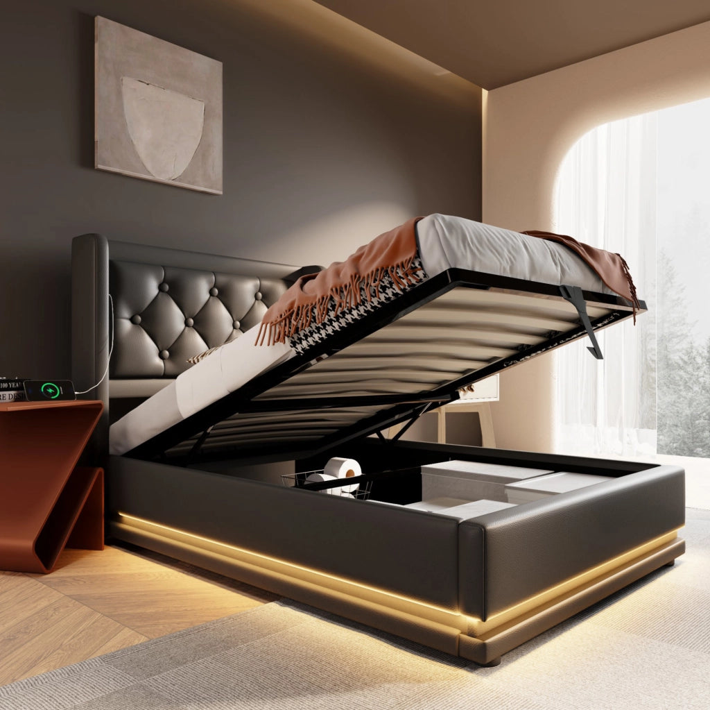Letto singolo imbottito 90x200 cm in PU nero con contenitore; LED e porta USB Tipo-C