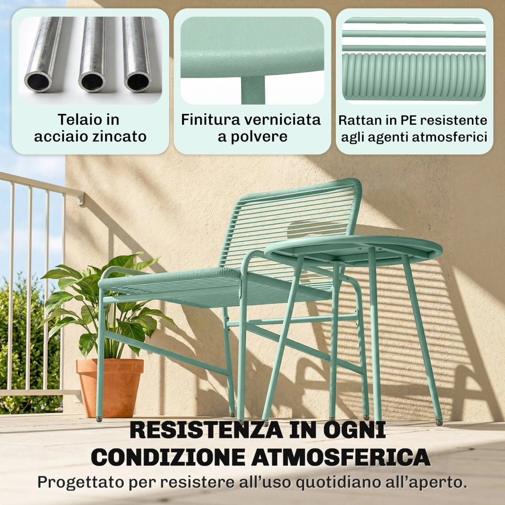 Set Bistr¨° Rattan 3 Pezzi: 2 Sedie, Tavolo Rotondo Giardino, Verde.