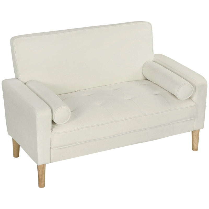 Divano 2 posti in poliestere, colore bianco crema, con gambe in legno di caucciù, stile moderno