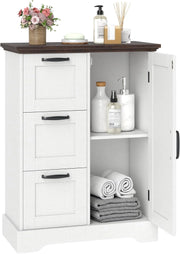 Mobiletto da Pavimento in Legno, Organizzatore per Conservazione Rustico con Porta da Fienile e 3 Cassetti, Buffet Laterale Autonomo per Cucina, Soggiorno, Sala da Pranzo (Bianco)