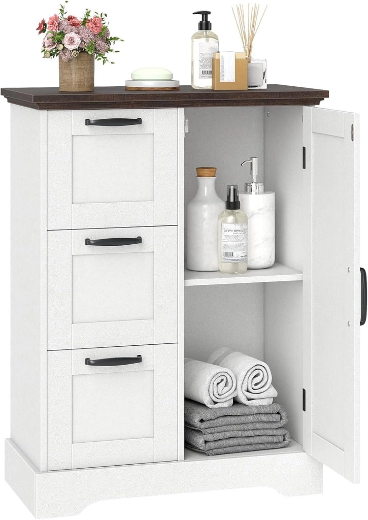 Mobiletto da Pavimento in Legno, Organizzatore per Conservazione Rustico con Porta da Fienile e 3 Cassetti, Buffet Laterale Autonomo per Cucina, Soggiorno, Sala da Pranzo (Bianco)