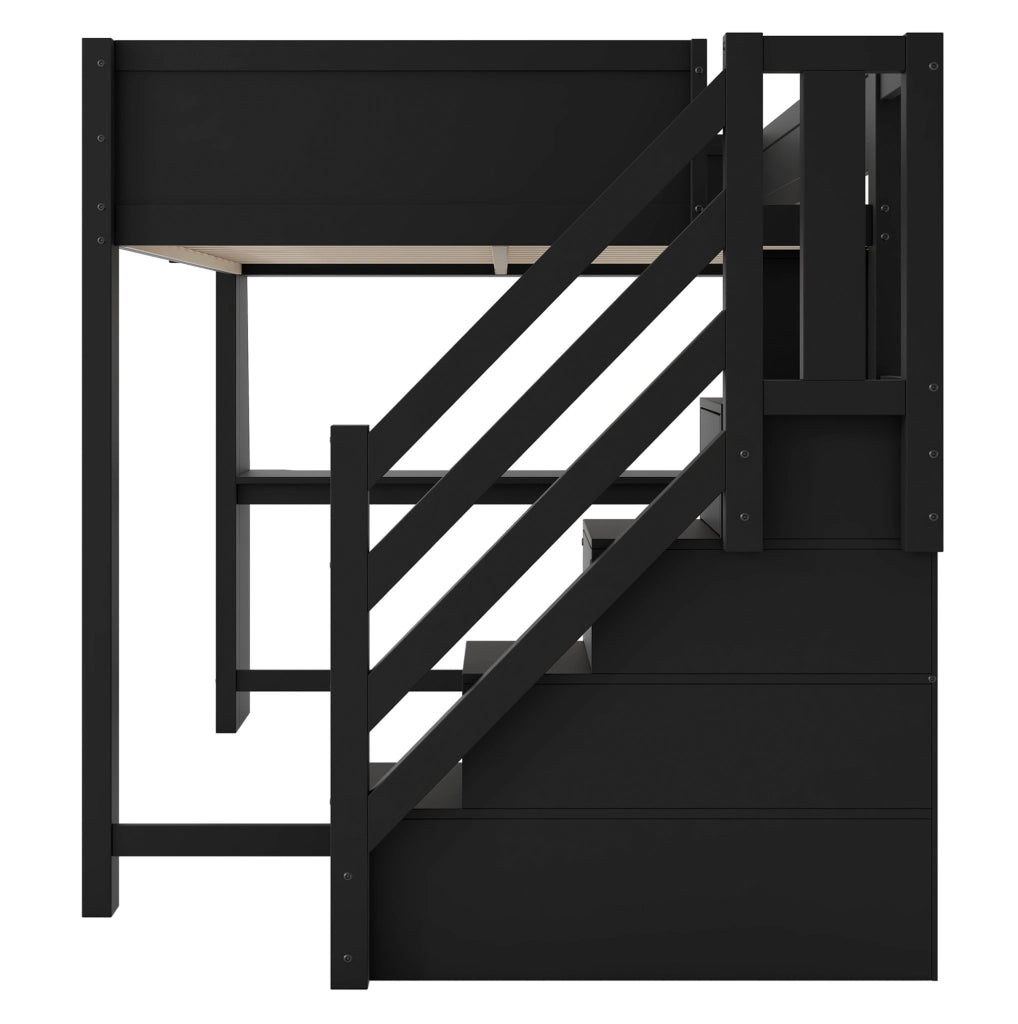 Letto a soppalco 140x200 cm nero con scrivania, LED e scala