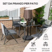 Set da Giardino con 4 Sedie con Cuscini e Tavolo da Pranzo Quadrato in Vetro, Grigio Scuro