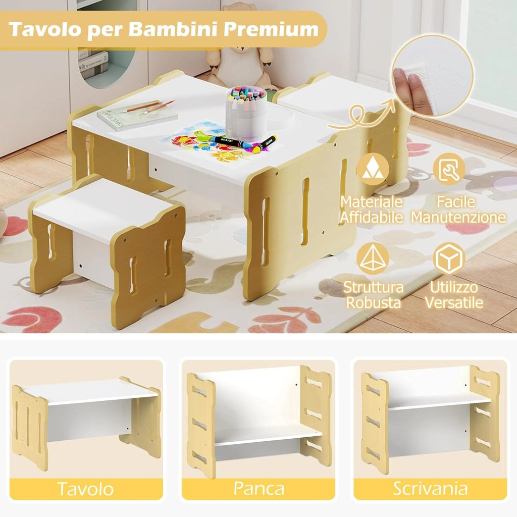 Set Tavolo e Sedia per Bambini, Set 3 Pezzi per Bambini con 2 Sgabelli e Tavolo Attività, Angoli Arrotondati e Maniglia, Mobili Multifunzionali per Casa, Scuola e Asilo (Naturale)