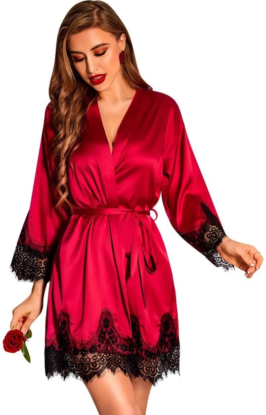 Kimono da Sposa con Fustino in Velluto Satinato con Bordi in Seta Bianca con Colore Vino