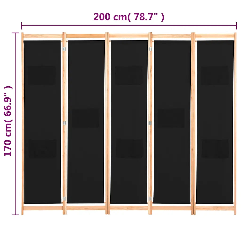 Divisorio a 5 Pannelli-Set di 5 pannelli Paravento Nero 200x170x4 cm in Tessuto