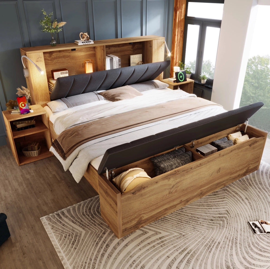 Letto matrimoniale 160x200 cm in legno effetto rovere con testiera reclinabile; luci LED USB; comodini; panca contenitore e materasso